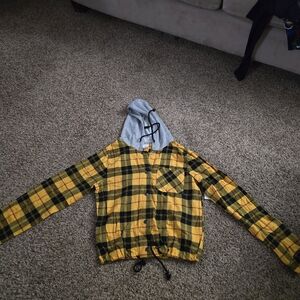No Boundaries Yellow and Black Plaid Button Down Shirt with Gray Hood